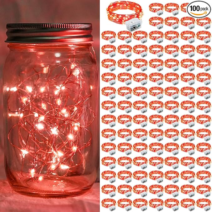 100 Pack Red Fairy Lights 7Ft 20 LED Twinkle String Lights 3 Modes Battery Operated Waterproof Firefly Starry for Mason Jar Party Wedding Christmas Valentines Day Table Centerpieces