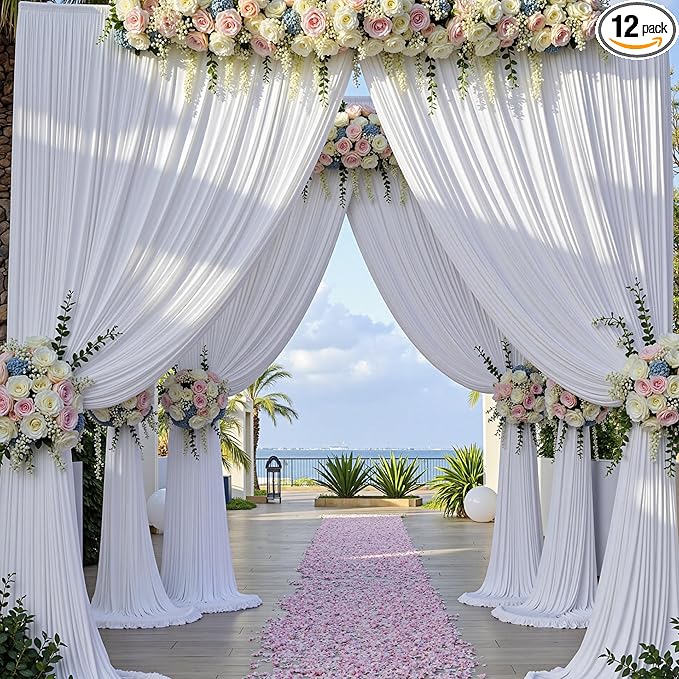 60 x 12ft Wrinkle Free White Backdrop Curtain for Wedding Parties, 12 Panels 5×12ft Long Soft Silky Polyester Photo Backdrop Drapes for Birthday Baby Shower Graduation Photography Background Cloth