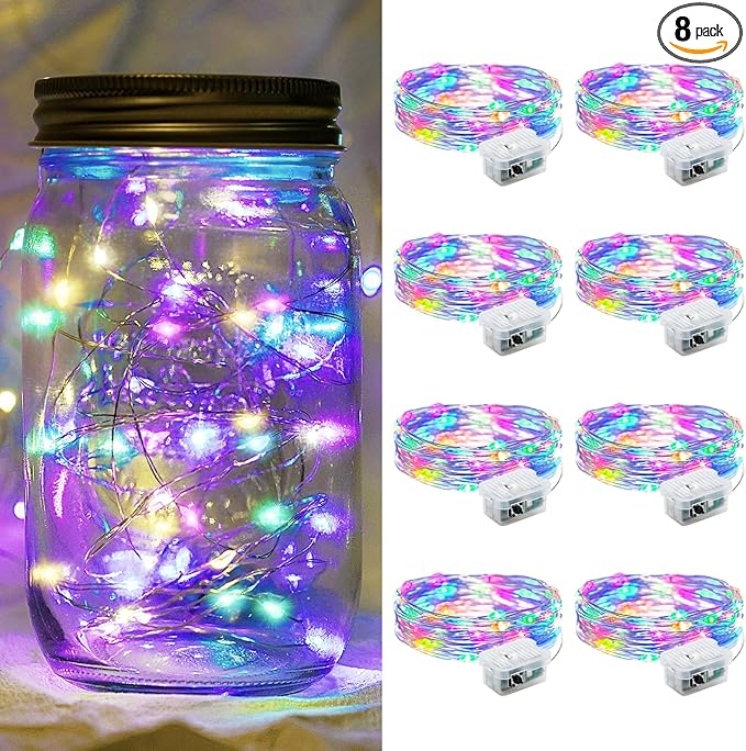 8 Pack Fairy Lights 7Ft 20 LED Twinkle String Lights 3 Modes Battery Operated Waterproof Firefly Starry for Mason Jar Party Wedding Christmas Valentines Day Table Centerpieces,Rainbow