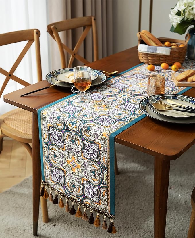 13×72 Inch Table Runner, Retro-Luxury Tassels Series for Kitchen Dining Table Holiday Decoration (Saliera)