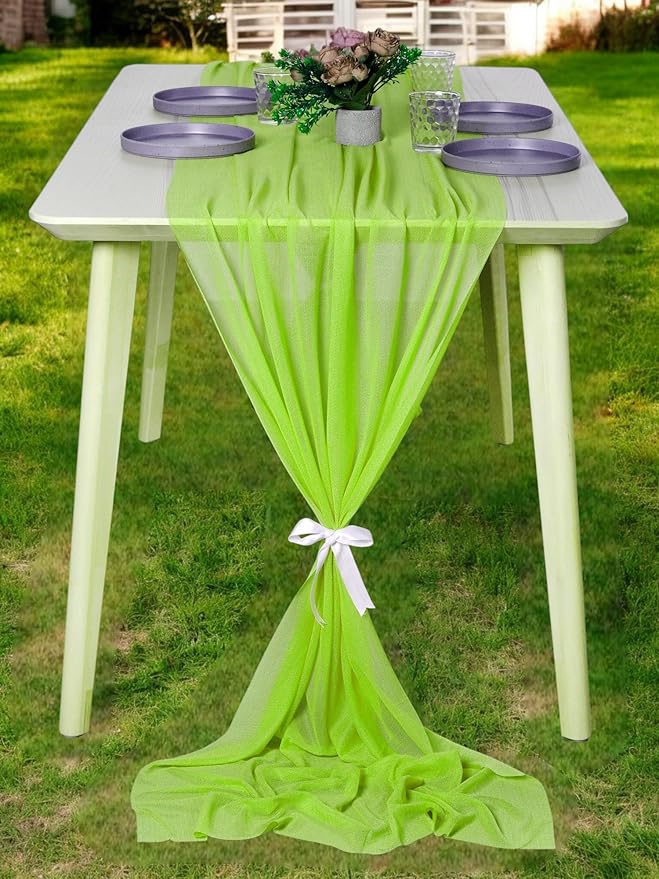 MDS 15 Pack 10ft Chiffon Table Runner 29 x 120 Inches Sheer Wedding Runner Romantic Rustic Table Runner for Wedding Decorations, Birthday Parties, Bridal Shower Party Arch Decor - Parrot Green