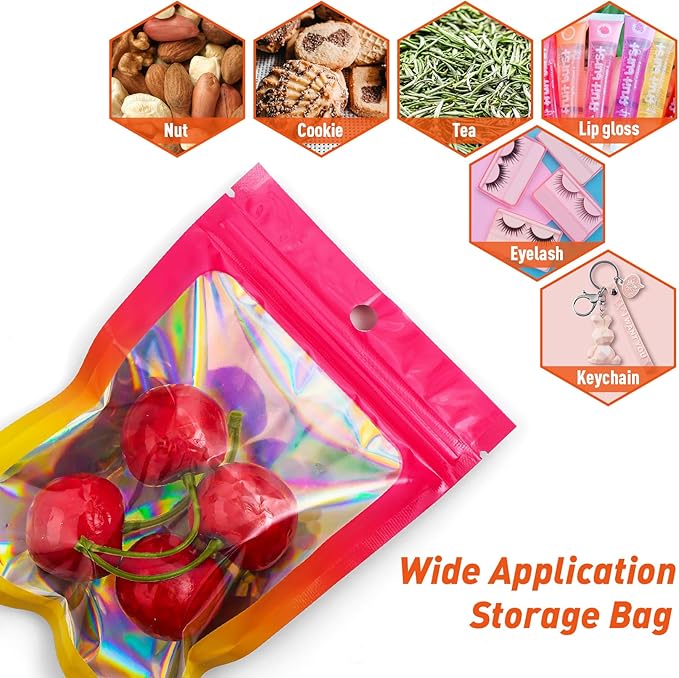 Funfery 100 Pack Gradient Holographic Bags,Mylar Resealable Bags with Zipper,Clear Window Packaging Pouchs,Smell Proof Foil Bag for Food Storage,Sample Jewelry Baggies(4×6In,Hot Pink Orange)