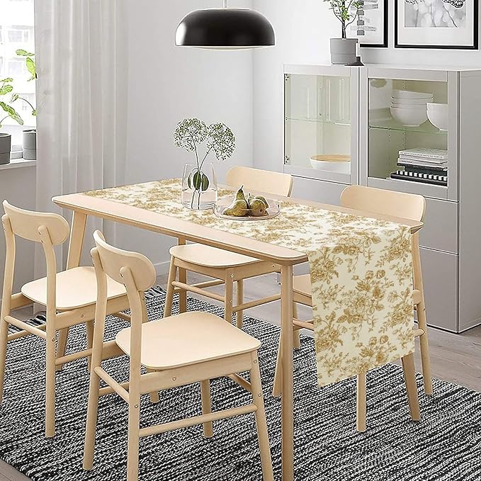 Retro Floral Table Runner, Golden White Wildfloral Sketch Print Kitchen Dinning Table Runner for Indoor Outdoor Home Wedding Party Holiday, 13x60 Inch