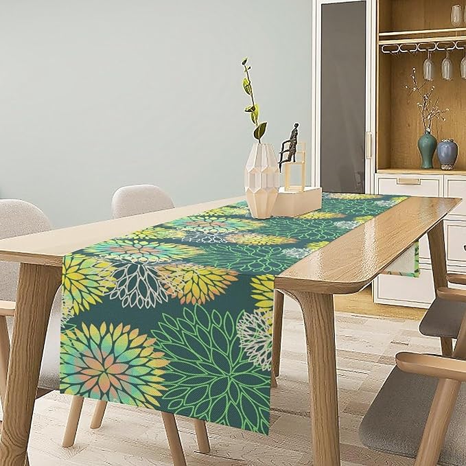 Green Dahlia Flower Table Runner, Linen Geometric Pattern Floral Table Decor Spring Farmhouse Decorations for Kitchen Dining Holiday Party Decor, 13x108 Inch