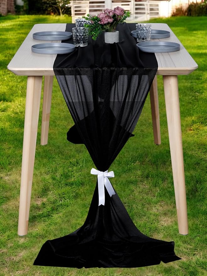 MDS 2 Pack 14ft Chiffon Table Runner 29 x 170 Inches Sheer Wedding Runner Romantic Rustic Table Runner for Wedding Decorations, Birthday Parties, Bridal Shower Party Arch Decor - Black