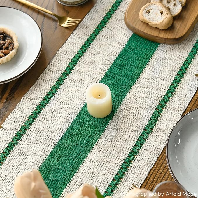 Artoid Mode Dark Green Farmhouse Woven Rustic Table Runner, Seasonal Holiday Hollow Kitchen Dining Table Decoration for Home Party Decor 12x120 Inch