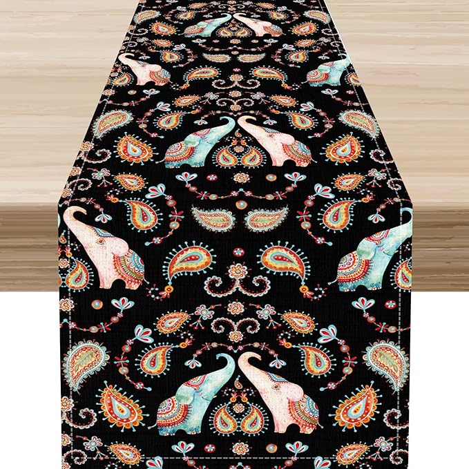 Boho Table Runner, Indian Bohemian Elephant Mandala Paisley Floral Hippie Art Print Table Center Decor for Home Kitchen Dining Patio Holiday Party Indoor Outdoor Table Decorations, 13"x36" Inch
