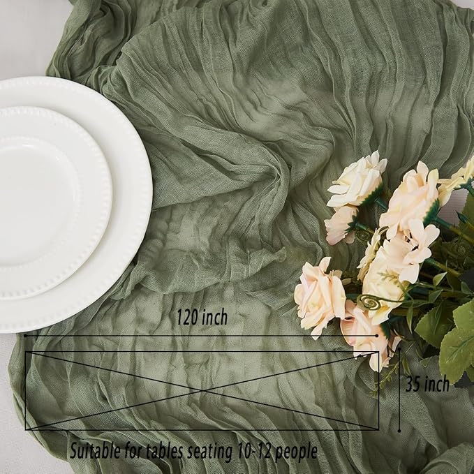 Sage Green 2 Pack Cheesecloth Table Runner 120 Inch 10 FT Boho Rustic Gauze for Wedding Baby Shower Party Farmhouse Summer Home Decor Washable