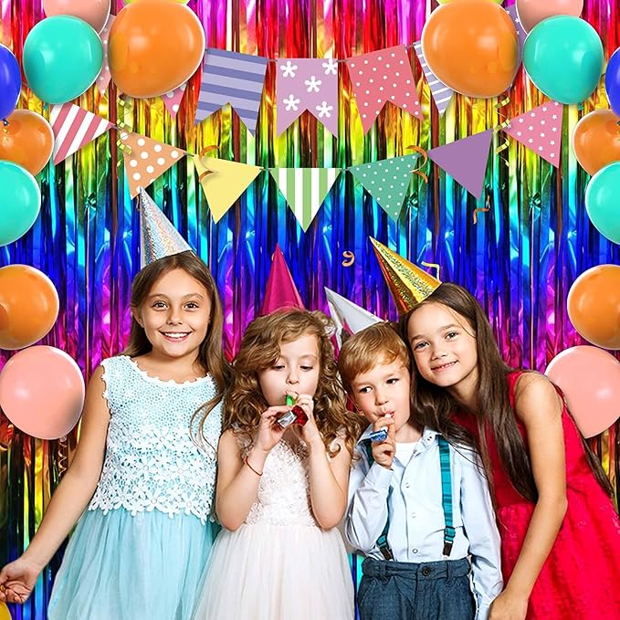 6 Pack Rainbow Foil Fringe Curtains Backdrop, 3.28 x 8.2 Ft Metallic Streamers Tinsel Curtains Background for Photo Booth, Birthday, Weddings, Carnivals, Graduation, Themed Party Decorations