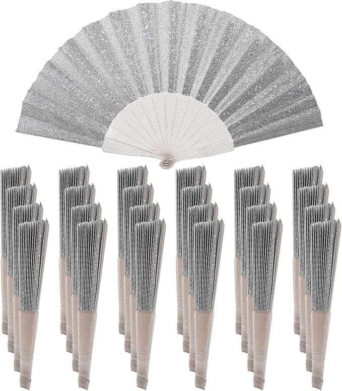 24 Pack Handheld Fan,Folding Hand Glitter fan with Shining Transparent Fan Rib – Ideal for Wedding, Church, Festival, Dance, Tea Party, Club, and EDM Accessories, Silvery