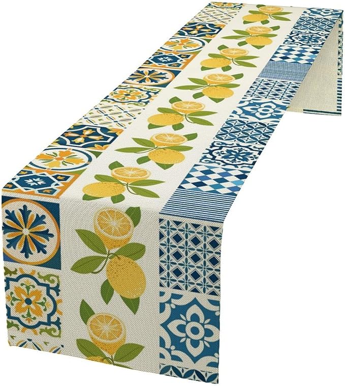 Lemon Table Runner,Watercolor Blue Fruits Green Leaves Print Table Cloth Kitchen Dining Table Home Party Decoration 13x90 Inch