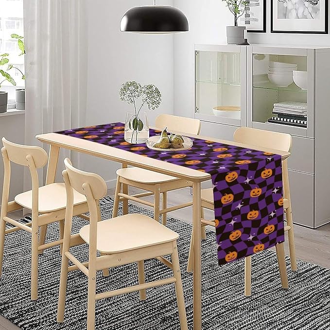 Halloween Table Runner,Purple Checkered Pumpkin Table Runner for Kitchen Dining Table Decoration Home Party Decor 13x108 Inch