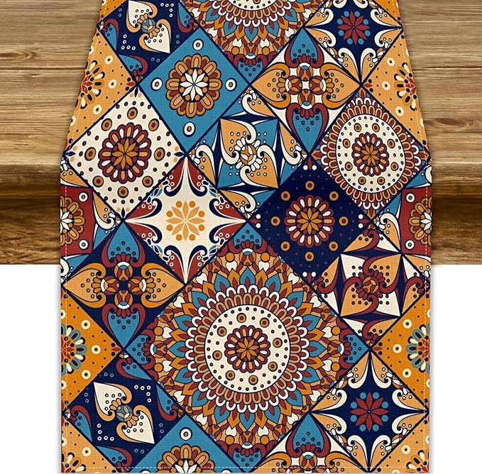 Vintage Mandala Table Runner, Bohemian Brown Blue Tile Traditional Indian Flowers Table Runner for Kitchen Dining Table Office Wedding Party Holiday Home Decor, 13x90inch