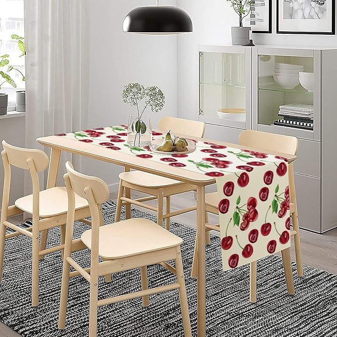 Red Cherry Table Runner Watercolor Tropical Fruit Spring Summer Wild Berry Dinner Runner for Girl Baby Shower Party Holiday Home Kitchen Dining Table Decor 13x36