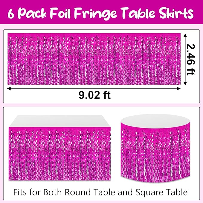 6Pack 29 x108 Inch Rose Red Wave Foil Fringe Table Skirts Metallic Banner for Tinsel Streamer Garland Backdrop for Parade Floats, Mother's Day, Easter, Graduate, Birthday, Wedding Party Decoration