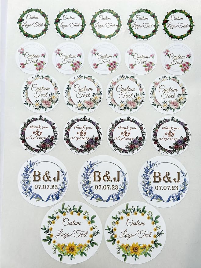 Custom Stickers for Weddings, Birthdays & Businesses - Personalized Labels with Your Logo - Waterproof, Fade and Heat Resistant - Pack of 100-1000 (Wreath H, 3.5 Inch)