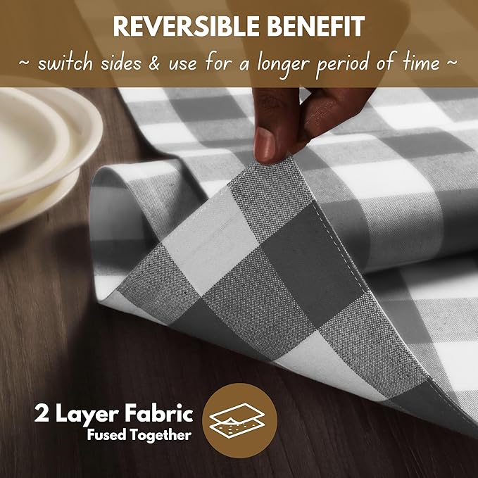 Native Fab Table Runner Buffalo Check Plaid 100% Cotton - 13x72 Inches Kitchen Dining Table Decoration for Indoor Outdoor Farmhouse Home Party Decor - Grey and White