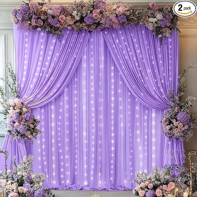 Lavender Backdrop Curtains with Lights for Parties,10x10FT Wrinkle Free Polyester Wedding Photo Backdrop Curtains for Baby Shower Birthday Ceremony Reception Home Party Decorations-5ft x 10ft,2 Panels