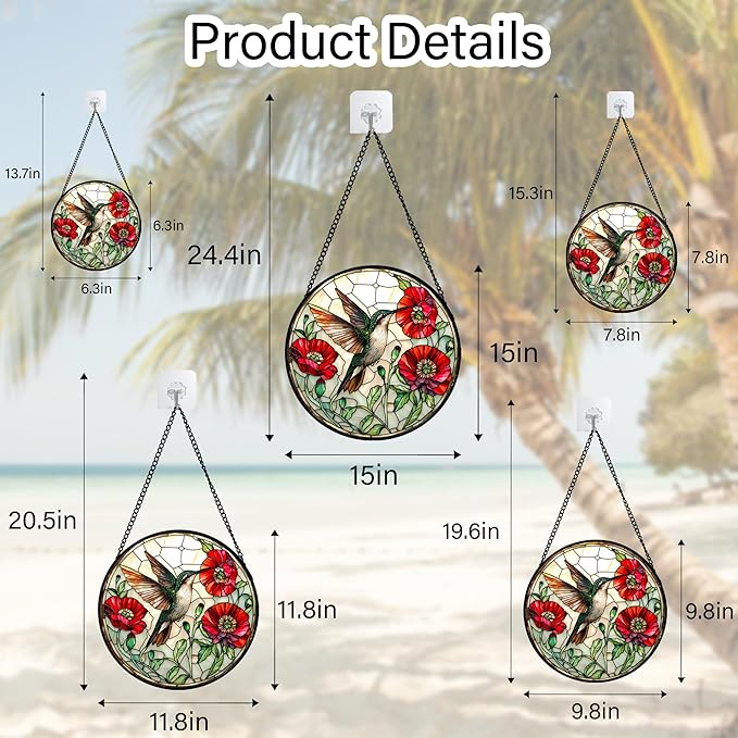 Stained Glass Window Hanging - Green Hummingbird Red Flower Suncatcher for Door Terrace Garden Home Decor Bird Landscape Sun Catcher Birthday Gifts for Lovers Women Men Dad Mom Nana 6.3 in