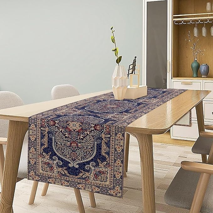 Boho Floral Vintage Table Runner, Blue Purple Retro Flower Rustic Country Farmhouse Pattern for Home Kitchen Table Decor Dining Coffee Room Party Decor 13x108in