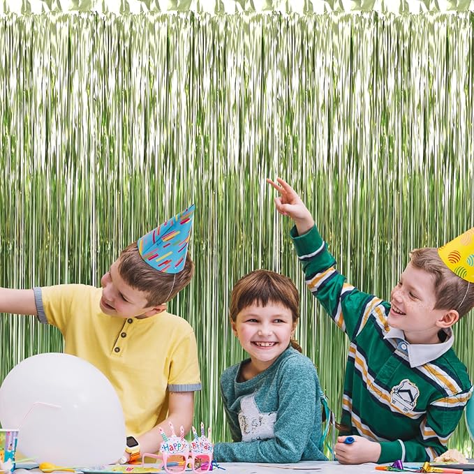 GOER 3.2 ft x 8.2 ft Metallic Tinsel Foil Fringe Curtains Party Photo Backdrop Party Streamers for Birthday,Graduation,New Year Eve Decorations Wedding Decor (4 Pcs,Sage Green)