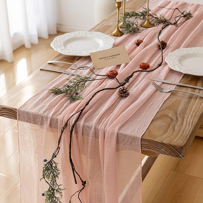 Keketo Pink Table Runner Cheese Cloth Rustic Gauze Cheesecloth Table Runner 120 Inch 10 FT for Wedding Baby Shower Bridal Shower Party Sheer Boho Home Tea Party Decorations