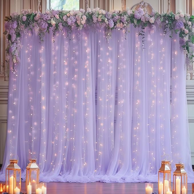 20×10ft Purple Tulle Backdrop Curtain with Lights String for Parties, Sheer Photo Backdrop Curtains for Wedding Party Photography Background