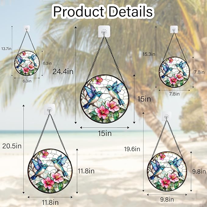 Stained Glass Window Hanging - Blue White Hummingbirds Pink Flowers Suncatcher for Door Terrace Garden Home Decor Bird Sun Catcher Birthday Gifts for Lovers Women Men Dad Mom Nana 7.8 in