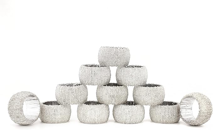 Decorative Beaded Napkin Rings Set of 12 - Rhinestone Serviette Holder for Table Décor, Christmas, Thanksgiving, Weddings, Parties, Artisan Festive Luxury Dining Napkin Holders (Silver) - CLEENTABLE