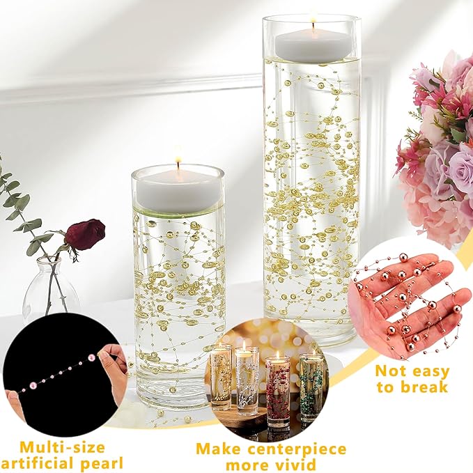 50 PCS Artificial Floating Beads for Centerpieces Vases, Rose Gold 8+3mm String Beads for Wedding Party Faux Pearl String for Decorating, Vase Filler