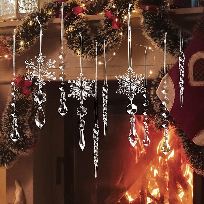 20pcs Christmas Ornaments Set for Tree - Hanging Acrylic Crystal Snowflake Icicle Drop Decorations for Winter Christmas Tree, New Year Party Supplies