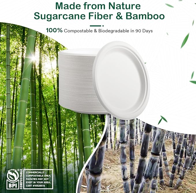 𝟔 𝐈𝐧𝐜𝐡, 𝟏𝟐𝟖-𝐏𝐚𝐜𝐤 Compostable Paper Plates, Heavy-Duty Biodegradable Disposable Dish Made from Bagasse, Perfeck for Snacks, Desserts, Party, Wedding and More (White)