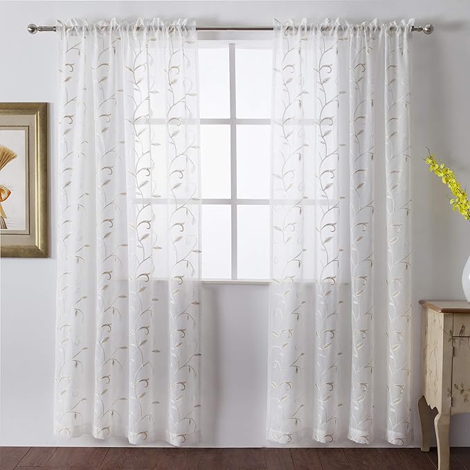 VISIONTEX White Sheer Voile Curtains, Decorative Beige Leaves Embroidery Faux Linen Rod Pocket Window Drapes for Home Kitchen, Living Room and Bedroom 54 x 95 Inch, Set of 2 Curtain Panels