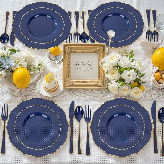 WDF 180PCS Blue Plastic Silverware -Blue and Gold Plastic Cutlery 60 Forks, 60 Knives, 60 Spoons - Heavy Duty Disposable Silverware for Party/Wedding/Space Themed Birtyday Party