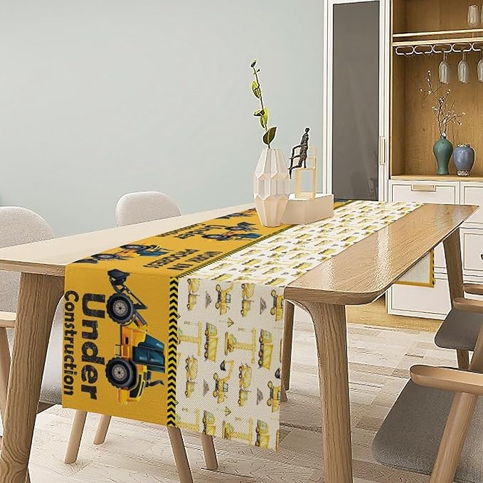 Cartoon Car Table Runner,Boys Kids Construction Vehicles Truck Yellow Print Tablecloth Burlap for Hotel Indoors Outdoor Dining Room Kitchen Home Decor,W13X L80 in