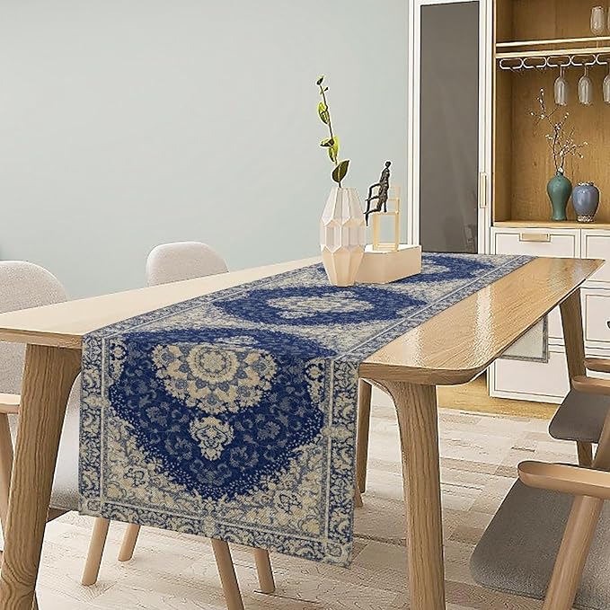 Boho Bohemia Style Dark Blue Table Runner, Country Rustic Farmhouse Magical Abstract Print Pattern for Home Kitchen Table Decor Dining Coffee Room Garden Party Decor 13x120in