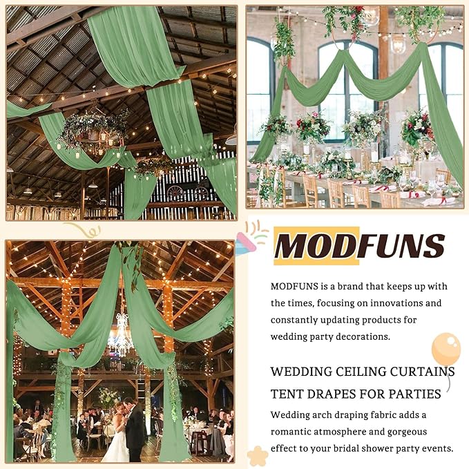 Ceiling Drapes Wedding Arch Drapes Chiffon Arch Draping 2 Panels 5x20 FT Sage Green Ceiling Decorations Sheer Backdrop Curtain for Parties Tulle Fabric Arbor Drapery Swag Ceiling Curtains for Events