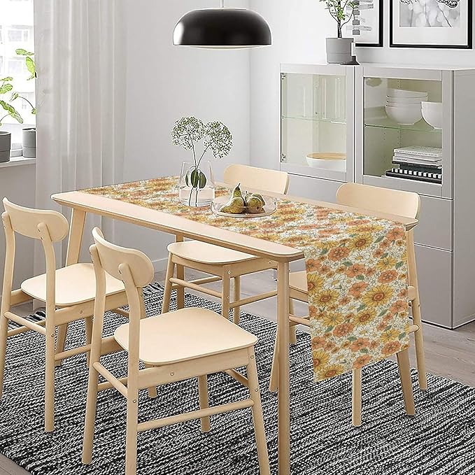 Vintage Floral Table Runner,Boho 70s Style Retro Daisies Flower Table Runner for Kitchen Dining Table Home Party Decoration 13x120 Inch