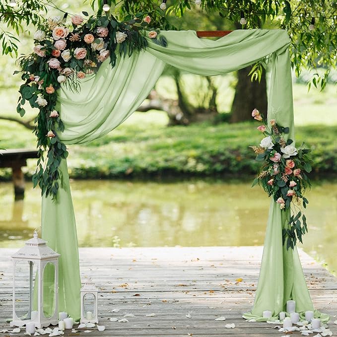 VOK Wedding Arch Draping Fabric Chiffon Fabric, 29in x 18Ft 2 Panels Sheer Chiffon Outdoor Curtain for Wedding Ceremony Birthday Party Decoration (Sage Green,2 Panel)