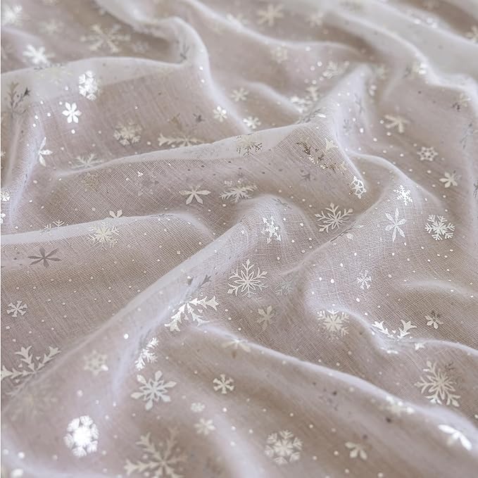 Silvery Snowflake Metallic Print Tulle Christmas Table Runner, Seasonal Winter Kitchen Dining Table Decoration for Home Party Decor 35x120 Inch(Off White)