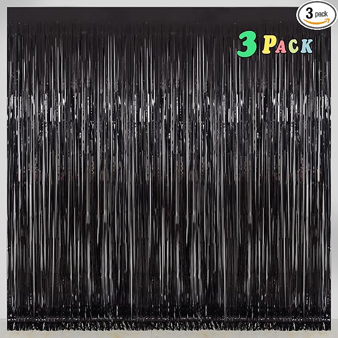 Foil Fringe Curtains Halloween Decor Party Decorations - Melsan 3 Pack 3.2 x 8.2 ft Tinsel Curtain Party Photo Backdrop for Birthday Party Baby Shower or Graduation Decorations (Pure Black)