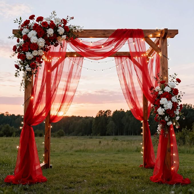 Wedding Arch Draping Fabric 29" x 18 FT Red Sheer Chiffon Outdoor Curtain Drapes for Wedding Birthday Party Ceremony Decor(2 Panels, Red)