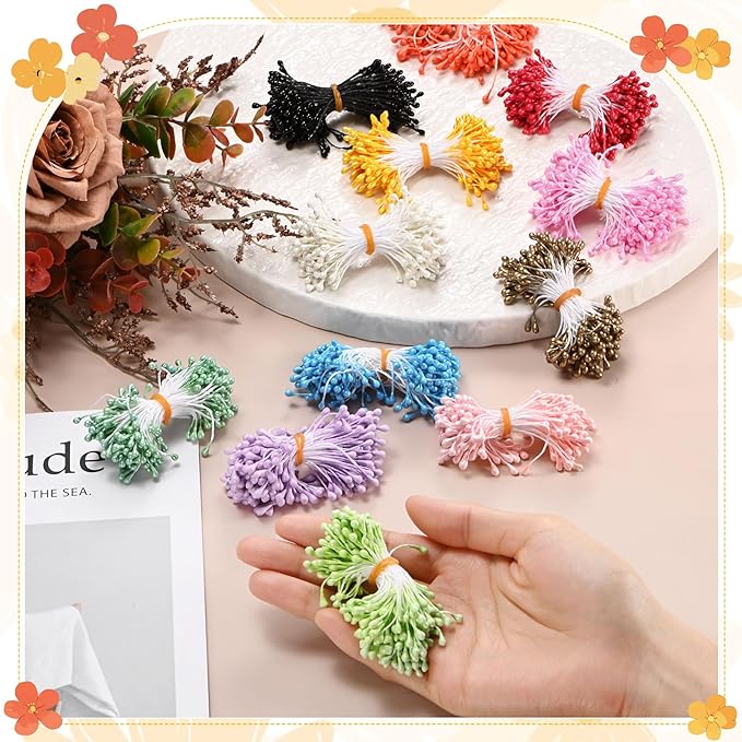 600-Pack Flower Stamens for Crafts, 5mm Double Heads Artificial Pearl Floral Pistil Mini Flower Pollens Stamens for DIY Making/Wedding/Scrapbook Decoration [White]