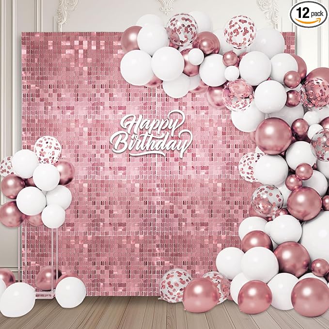 12PCS Pink Shimmer Wall Backdrop, Square Sequin Photo Backdrops Panel, Glitter Wall Background for Birthdays, Weddings, Graduation, Engagements, Disco Bachelorette Party Decoration (3FTx4FT)