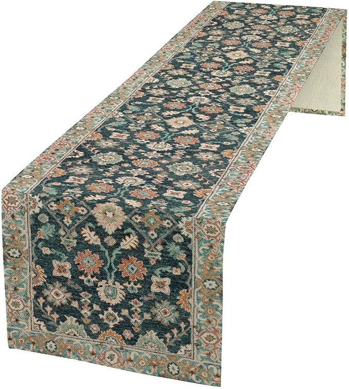 Vintage Boho Floral Table Runner, Rustic Country Farmhouse Blue Teal Red Bohemia Flower Pattern for Home Kitchen Table Decor Dining Coffee Room Party Decor 13x108in