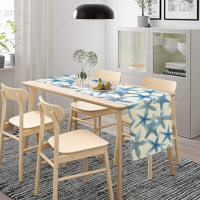 Starfish Plaid Table Flag Green Plaid and Marine Life Starfish Kitchen Table Flag Suitable for Birthday Party Restaurant Decoration Outdoor Picnic 13 * 108 Inch