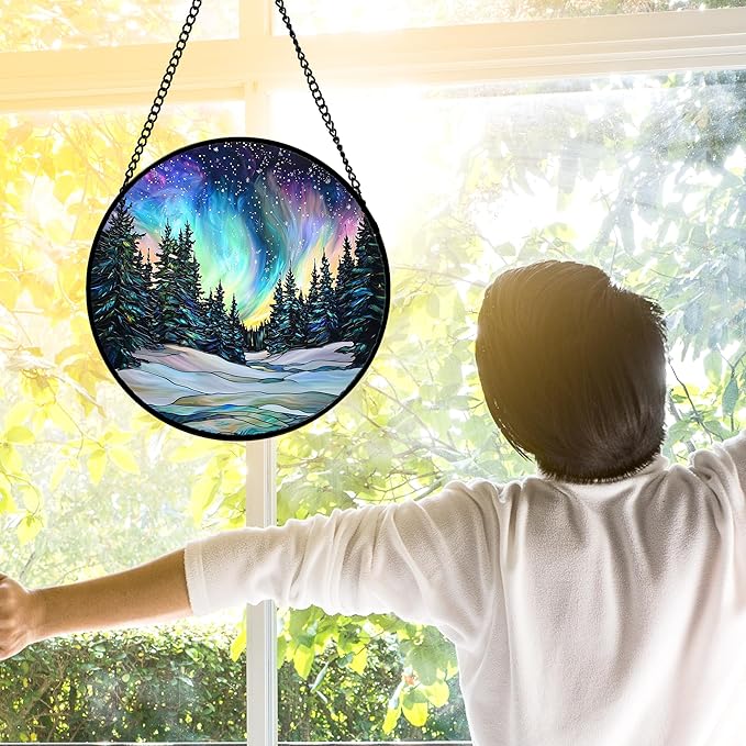 Stained Glass Window Hanging, Aurora Landscape Sun Catchers Glass Panel Green Trees Suncatcher Decor for Birthday for Women, Men, Wife, Aunt, and Mom 6.3 in