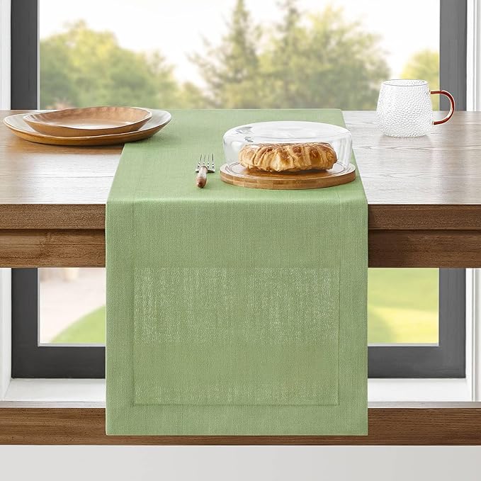 ZeeMart Linen Textured Border Table Runner, 14 x 108 Inch Green, Farmhouse Style Sage Green Table Runners 108 Inches Long, Easy Care Everyday Polyester Table Runner