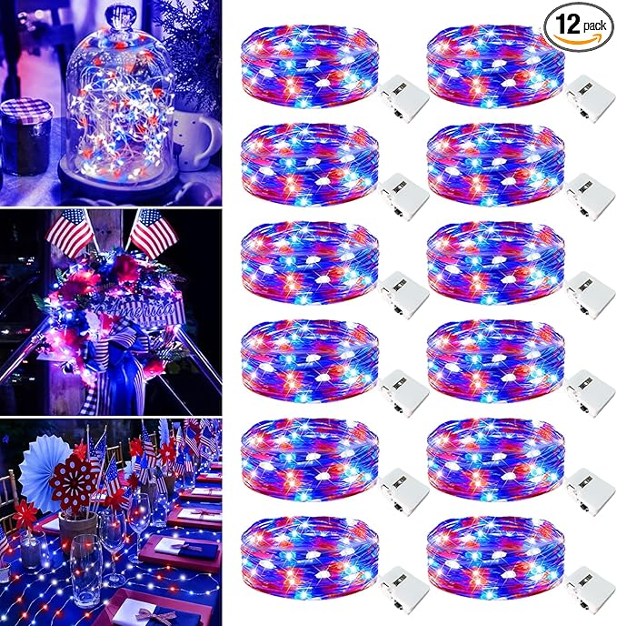 4th of July Decorations - 12 Pack Red White Blue Fairy Lights Battery Operated, 7ft 20 Led Twinkle Lights 3 Modes, Waterproof Bulk Mini String Light for Independence Day Patriotism Decorations