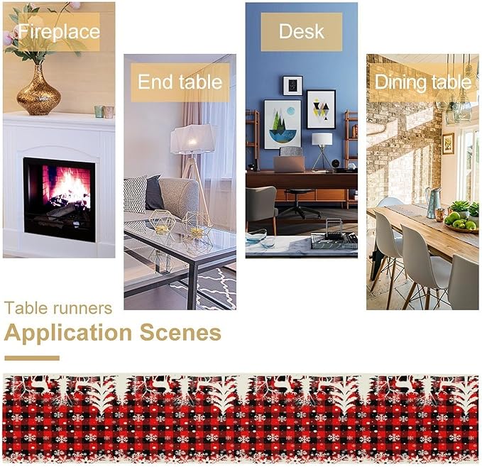 Christmas Table Runner,Red Black Plaid Xmas Snowflakes Deer Trees Print Tablecloth Burlap for Hotel Indoors Outdoor Dining Room Kitchen Home Decor,W13X L36 in